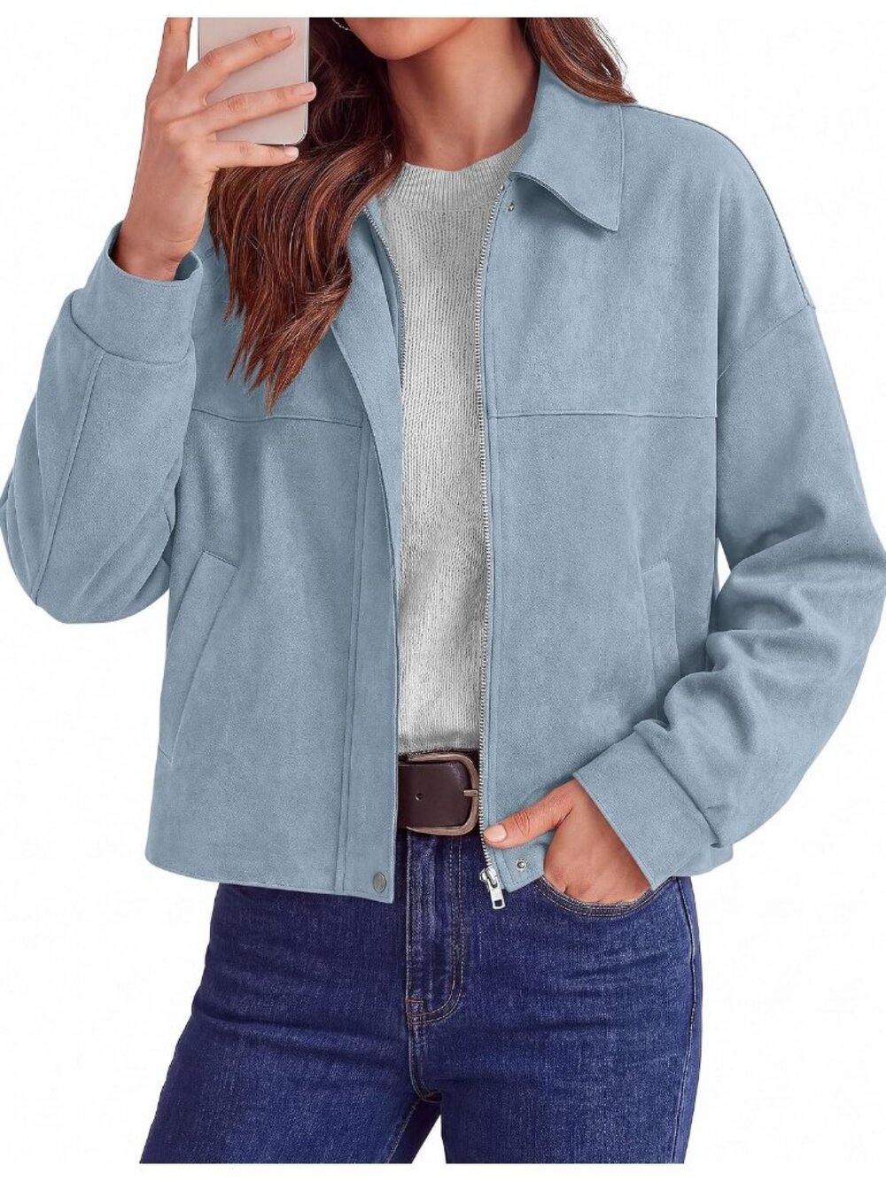 Womens Light Blue Faux Suede Fall Zip Up Oversized Casual Shacket Cropped Jacket - Picture 2 of 6